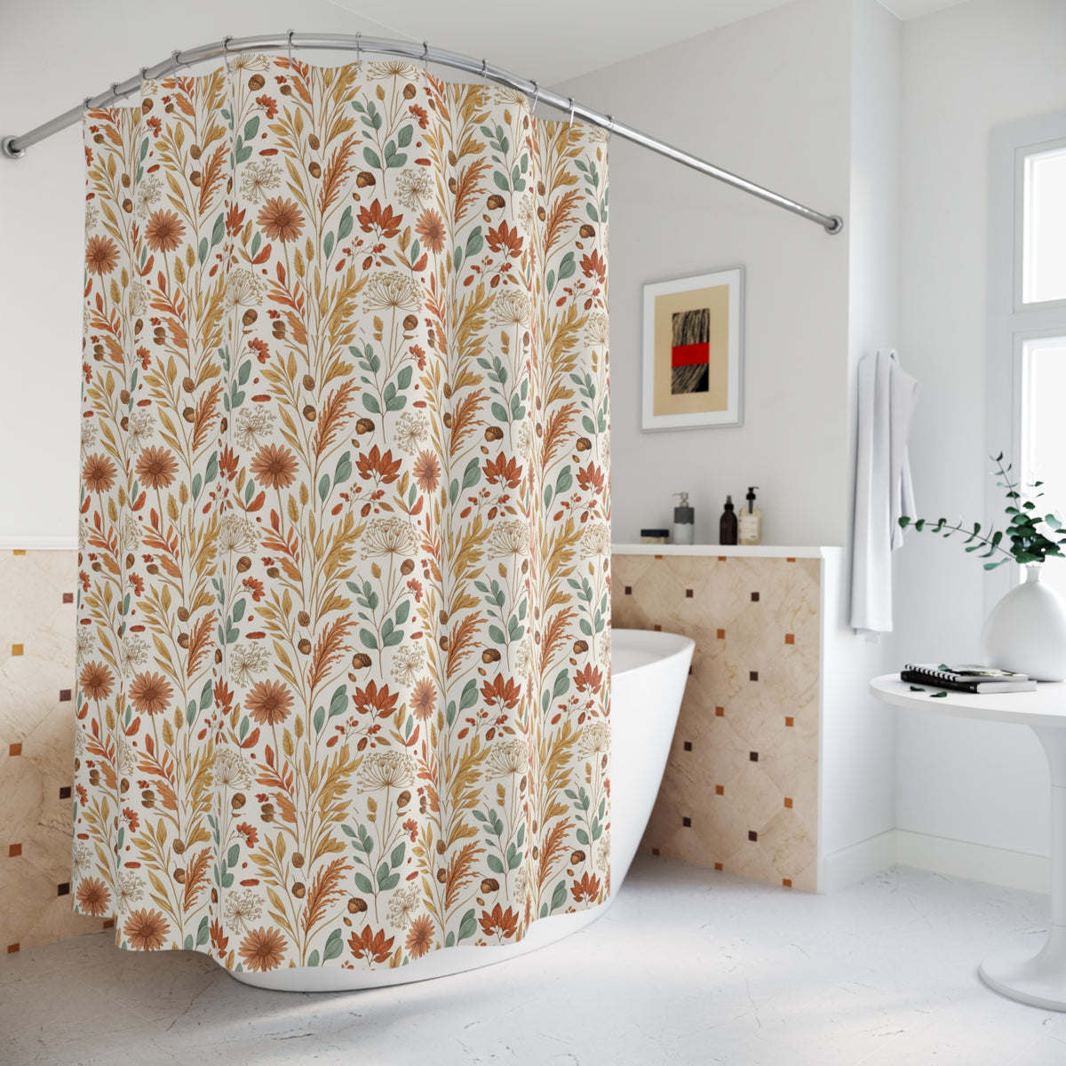 Fall Botanical Shower Curtain | Cottagecore Bathroom Decor | Autumn Floral Bath Curtain | Farmhouse