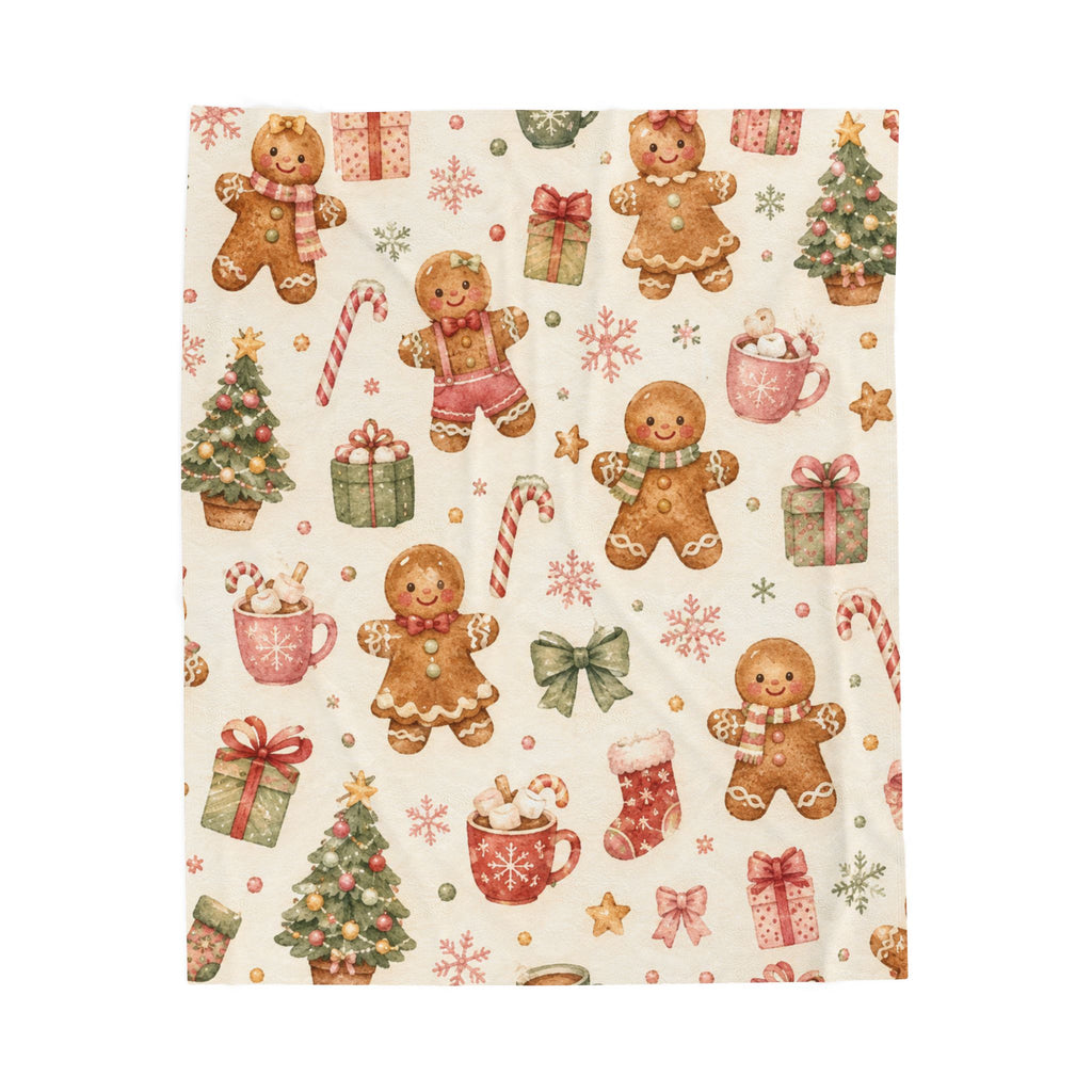 Christmas Gingerbread Velveteen Plush Blanket – Cozy Holiday Throw with Cute Gingerbread & Presents Print