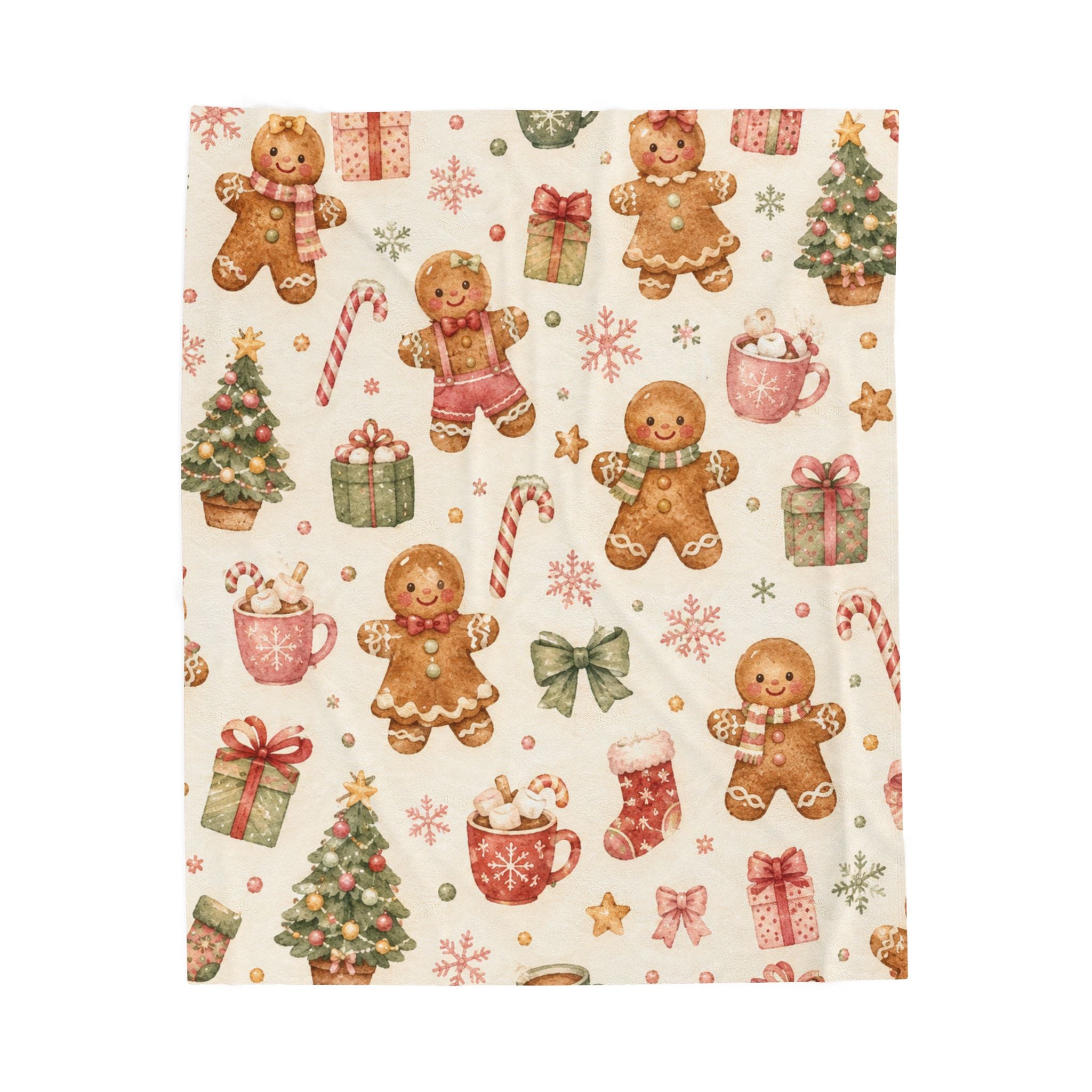 Christmas Gingerbread Velveteen Plush Blanket – Cozy Holiday Throw with Cute Gingerbread & Presents Print