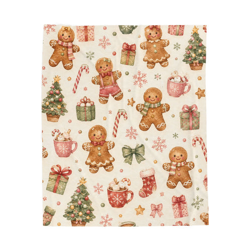 Christmas Gingerbread Velveteen Plush Blanket – Cozy Holiday Throw with Cute Gingerbread & Presents Print