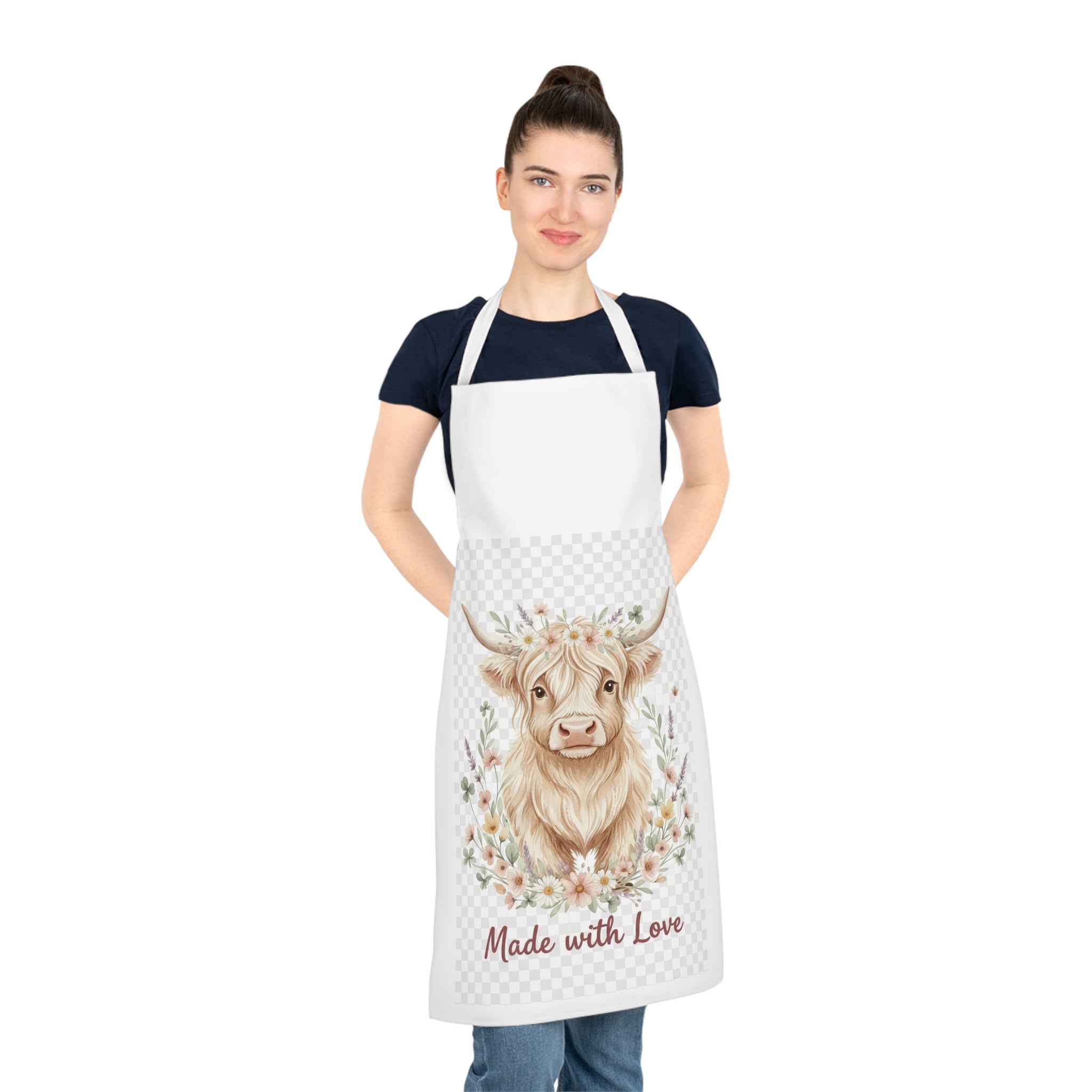 Apron - 'Made with Love' Highland Cow Floral Kitchen Apron