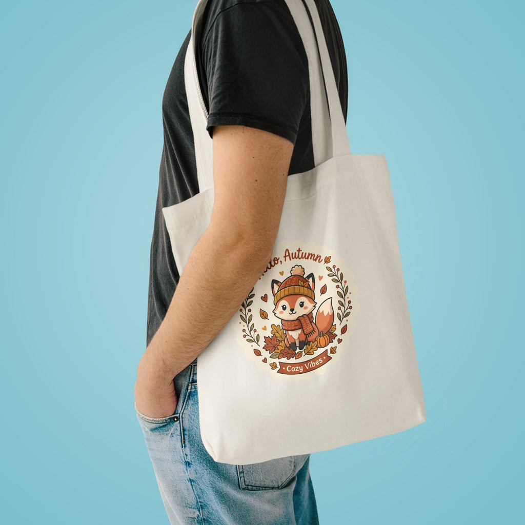 Hello Autumn Fox Tote Bag — Cute Fall Cotton Tote for Pumpkin Picking & Cozy Vibes