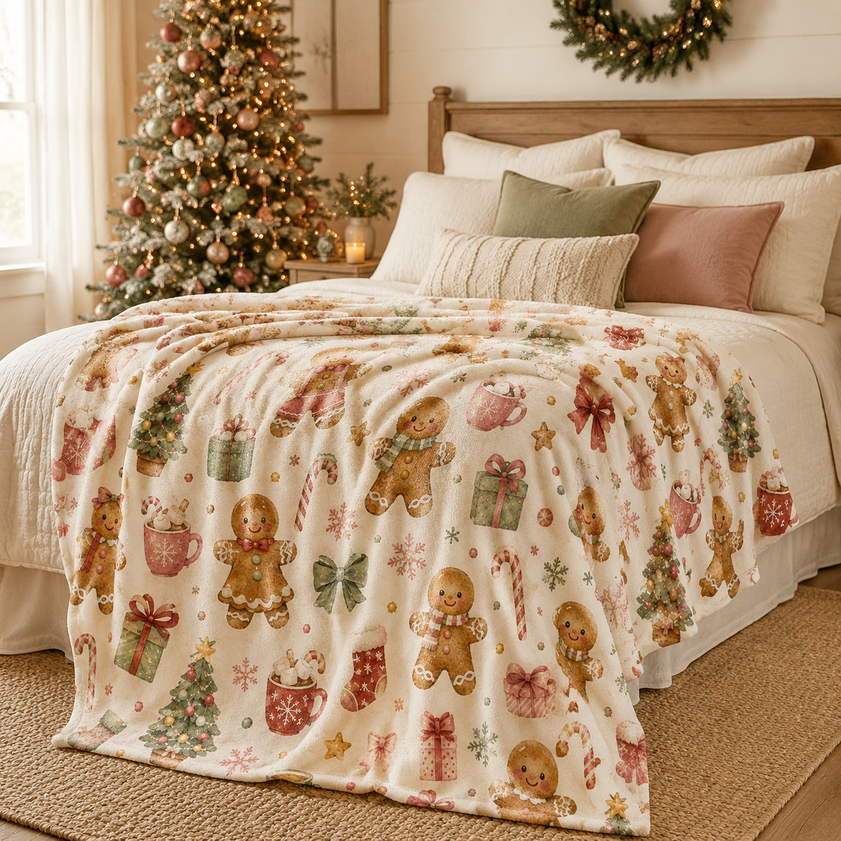 Christmas Gingerbread Velveteen Plush Blanket – Cozy Holiday Throw with Cute Gingerbread & Presents Print