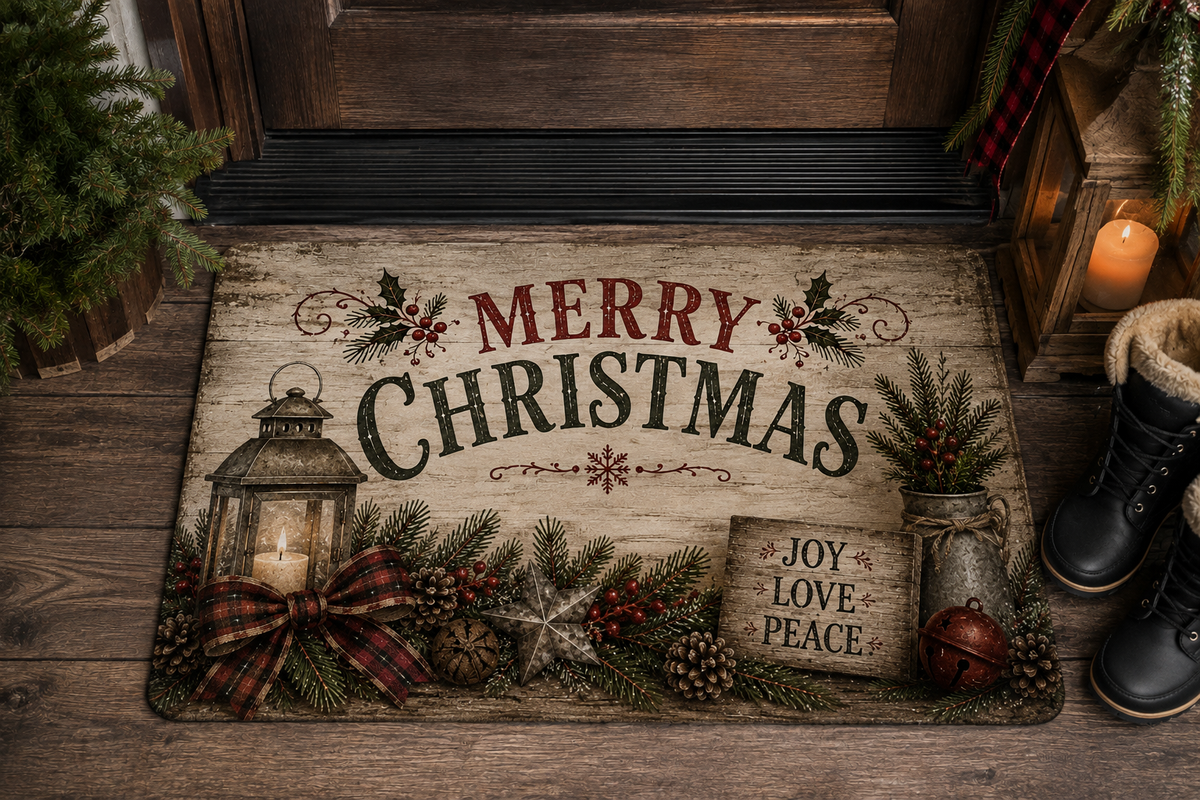 Merry Christmas Doormat — Joy Love Peace Holiday Welcome Mat