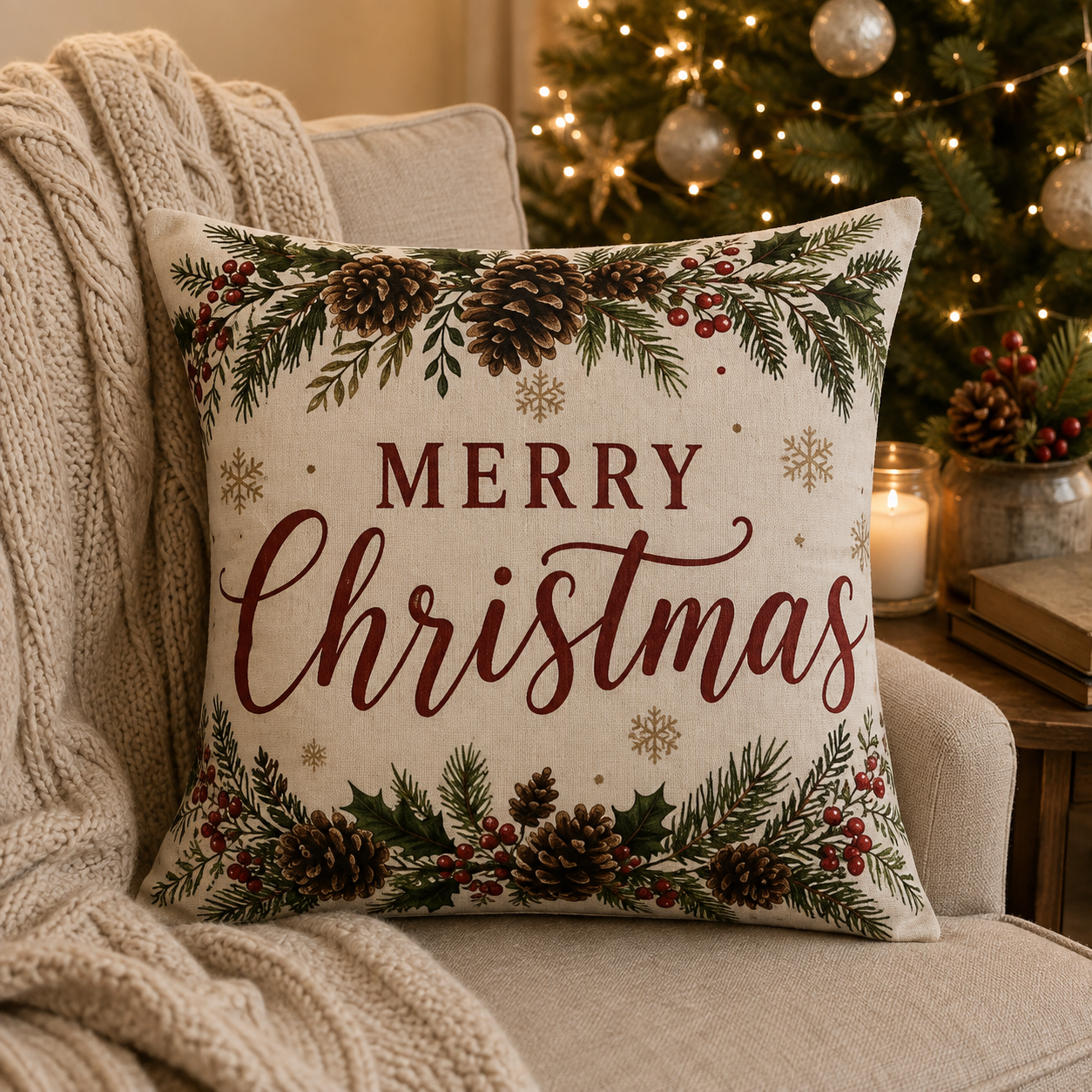 Merry Christmas Pinecone Decorative Pillowcase