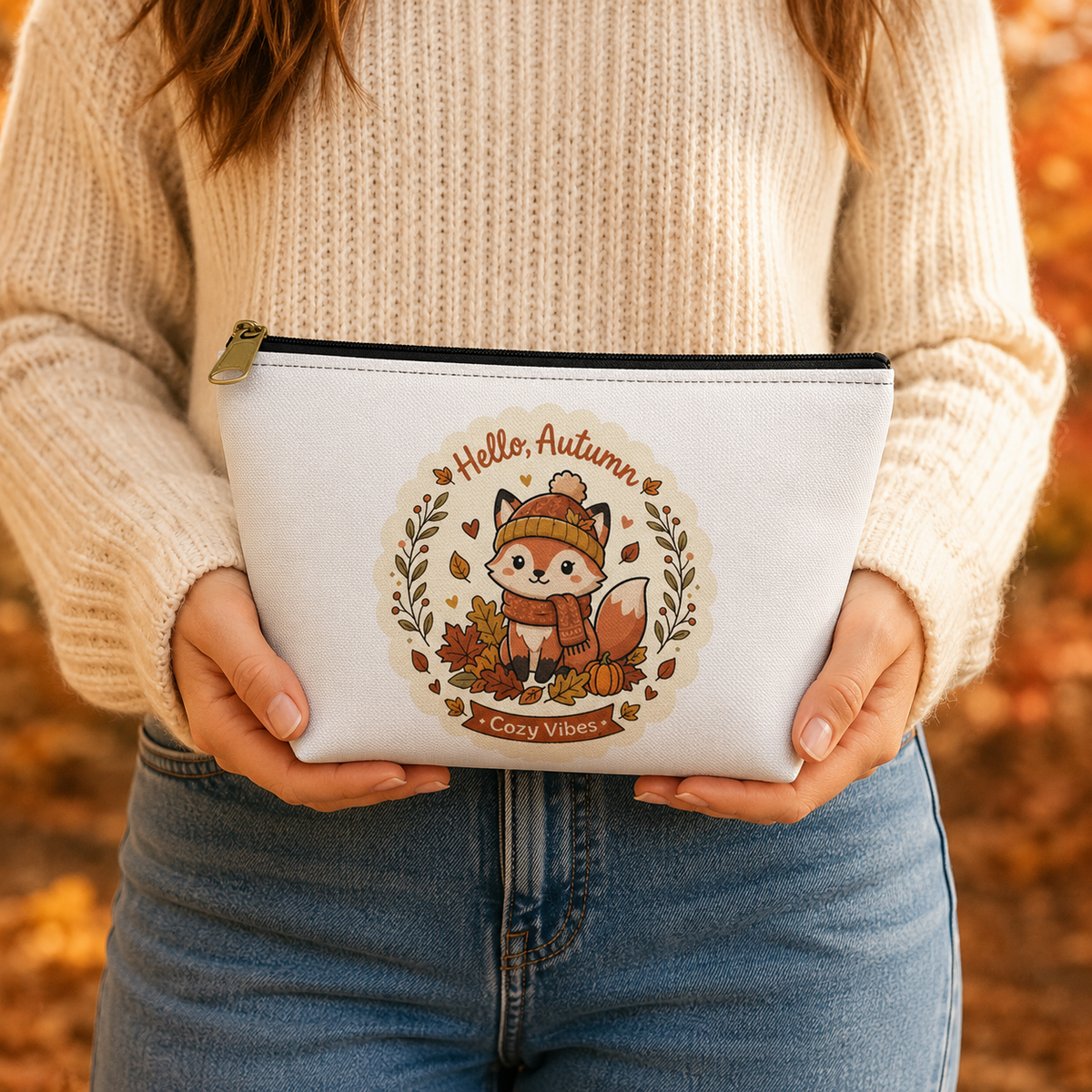 Hello Autumn Fox Accessory Pouch — Cozy Vibes Fall Makeup Bag