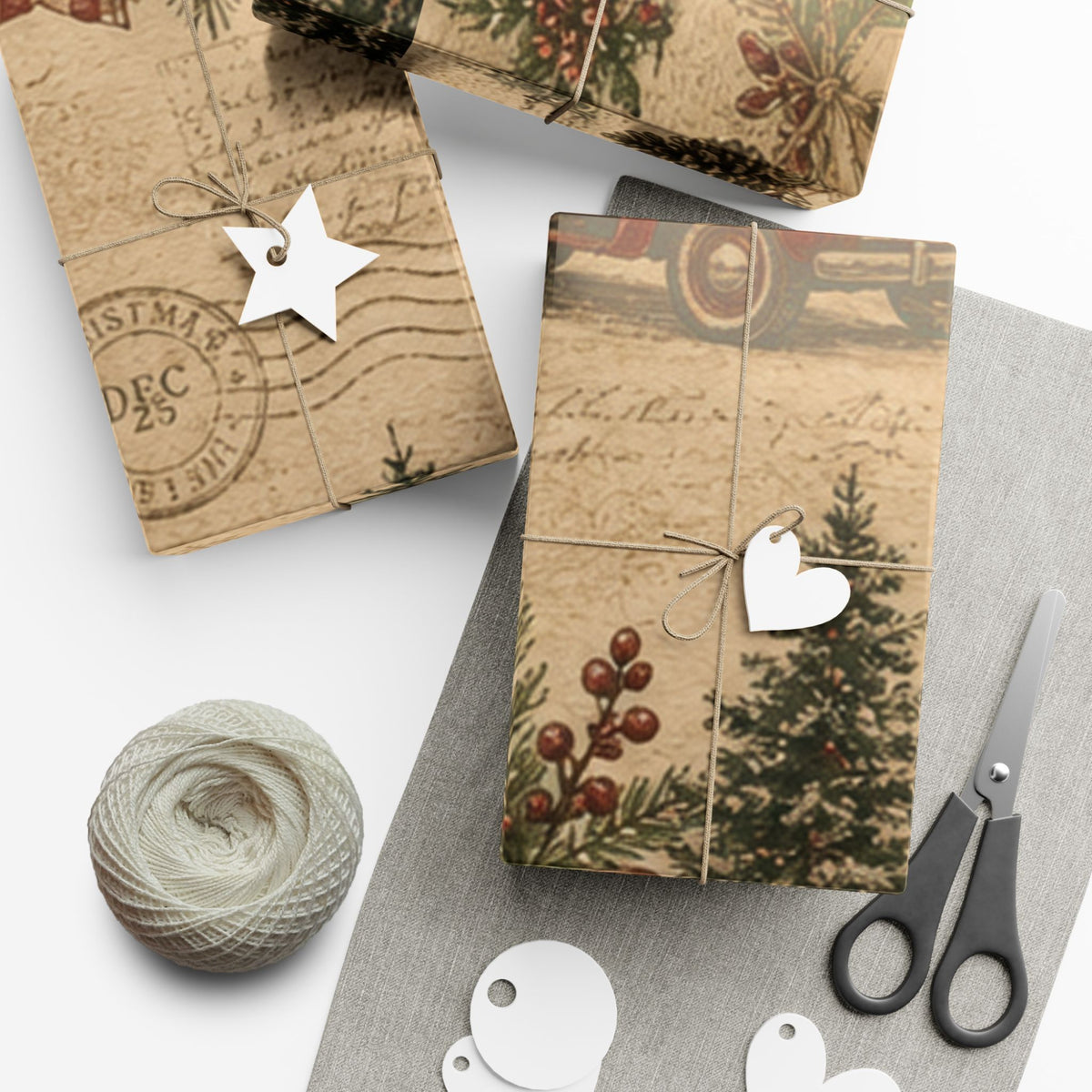 Rustic Vintage Christmas Gift Wrap Paper – Retro Truck & Tree Kraft Wrapping Roll
