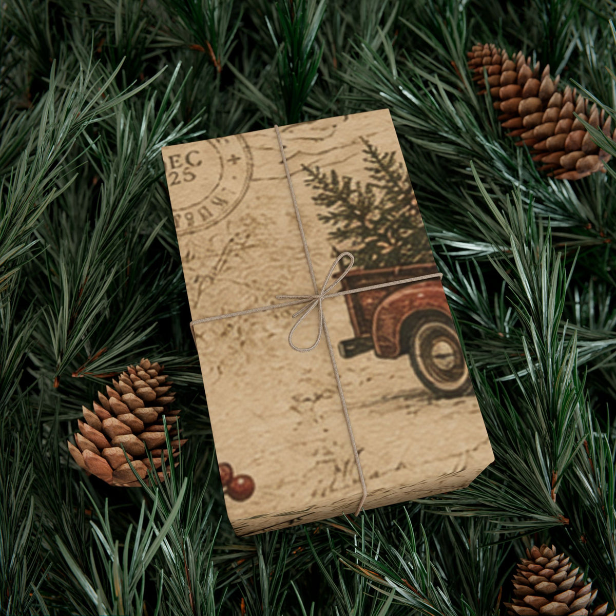 Rustic Vintage Christmas Gift Wrap Paper – Retro Truck & Tree Kraft Wrapping Roll