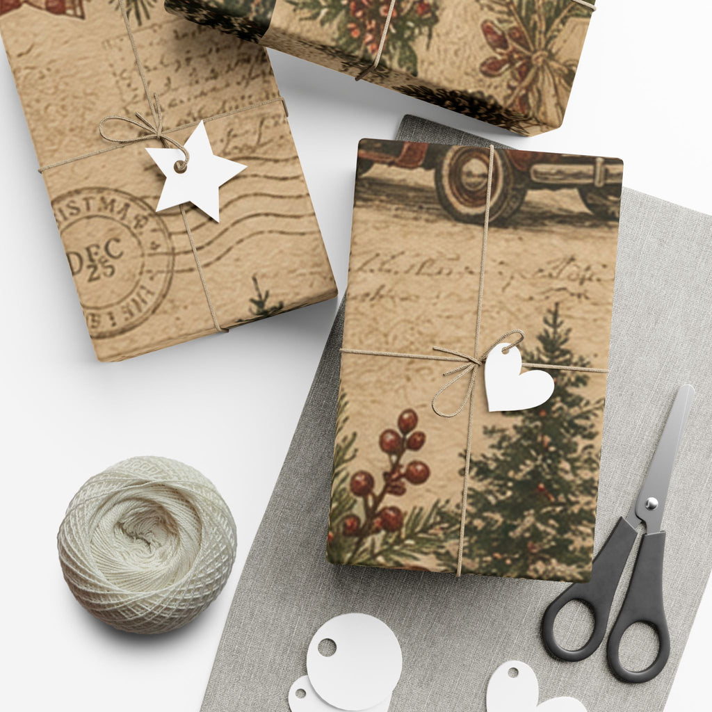 Rustic Vintage Christmas Gift Wrap Paper – Retro Truck & Tree Kraft Wrapping Roll