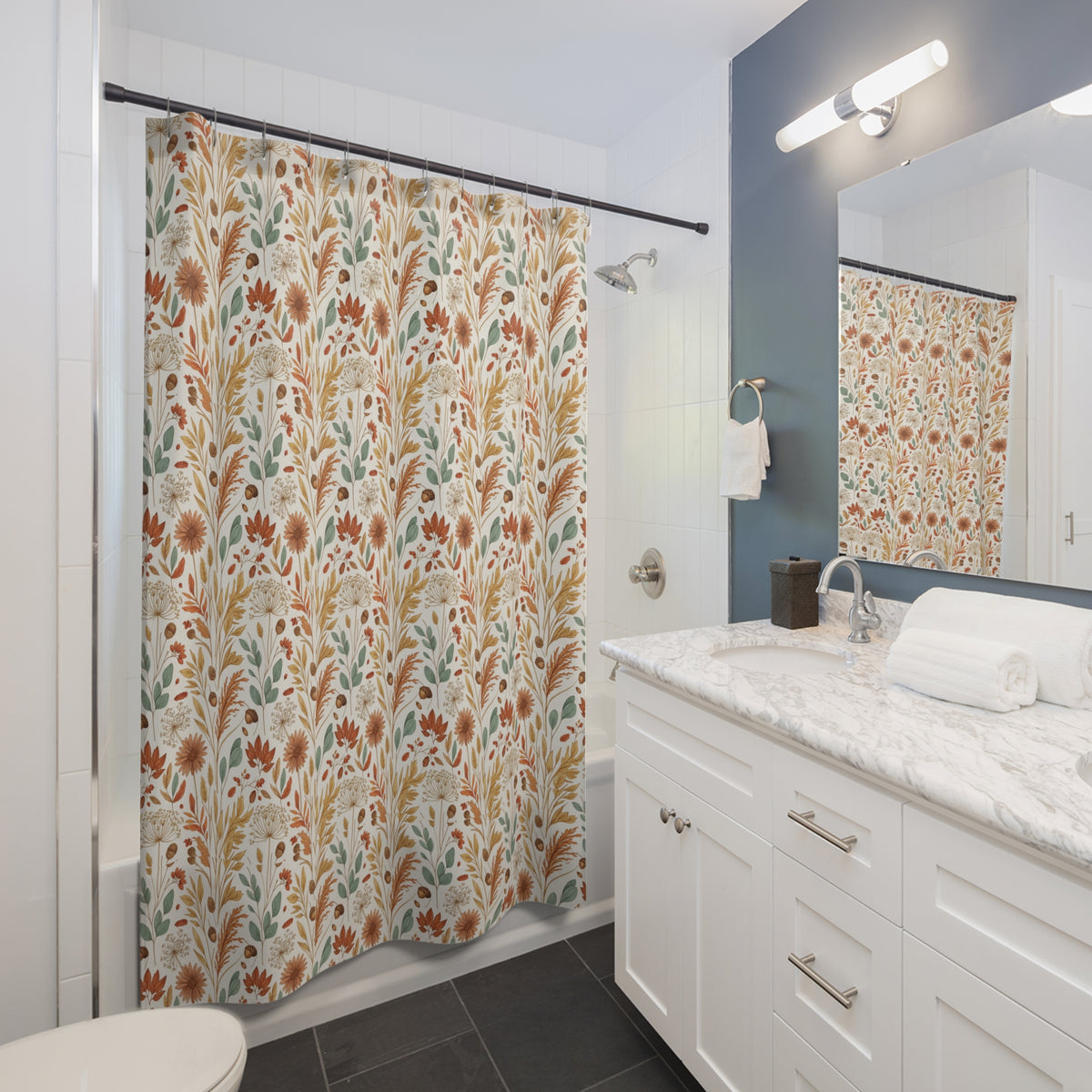 Fall Botanical Shower Curtain | Cottagecore Bathroom Decor | Autumn Floral Bath Curtain | Farmhouse