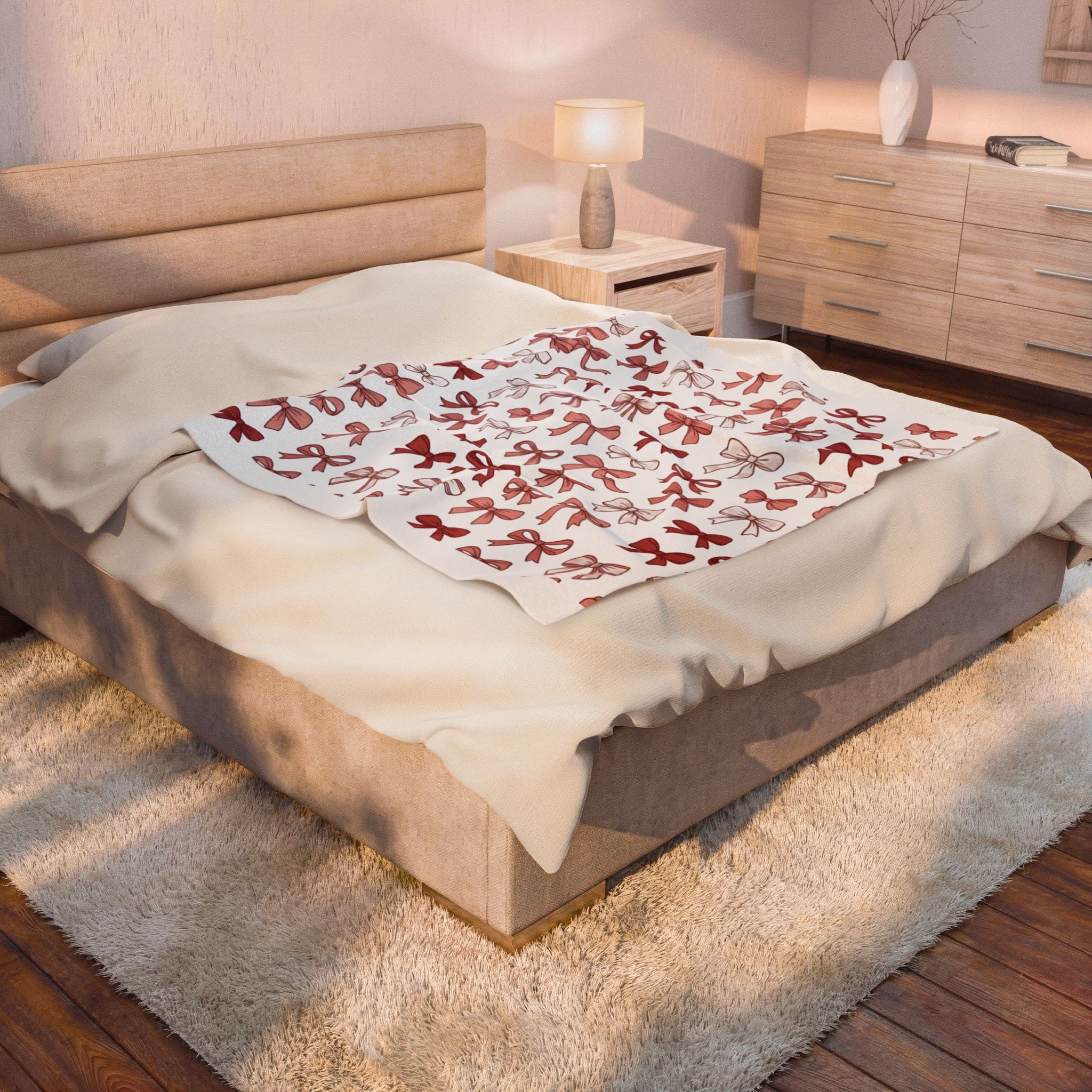 Plush Throw Blanket — Pink & Red Bow Pattern Velveteen Cozy Blanket