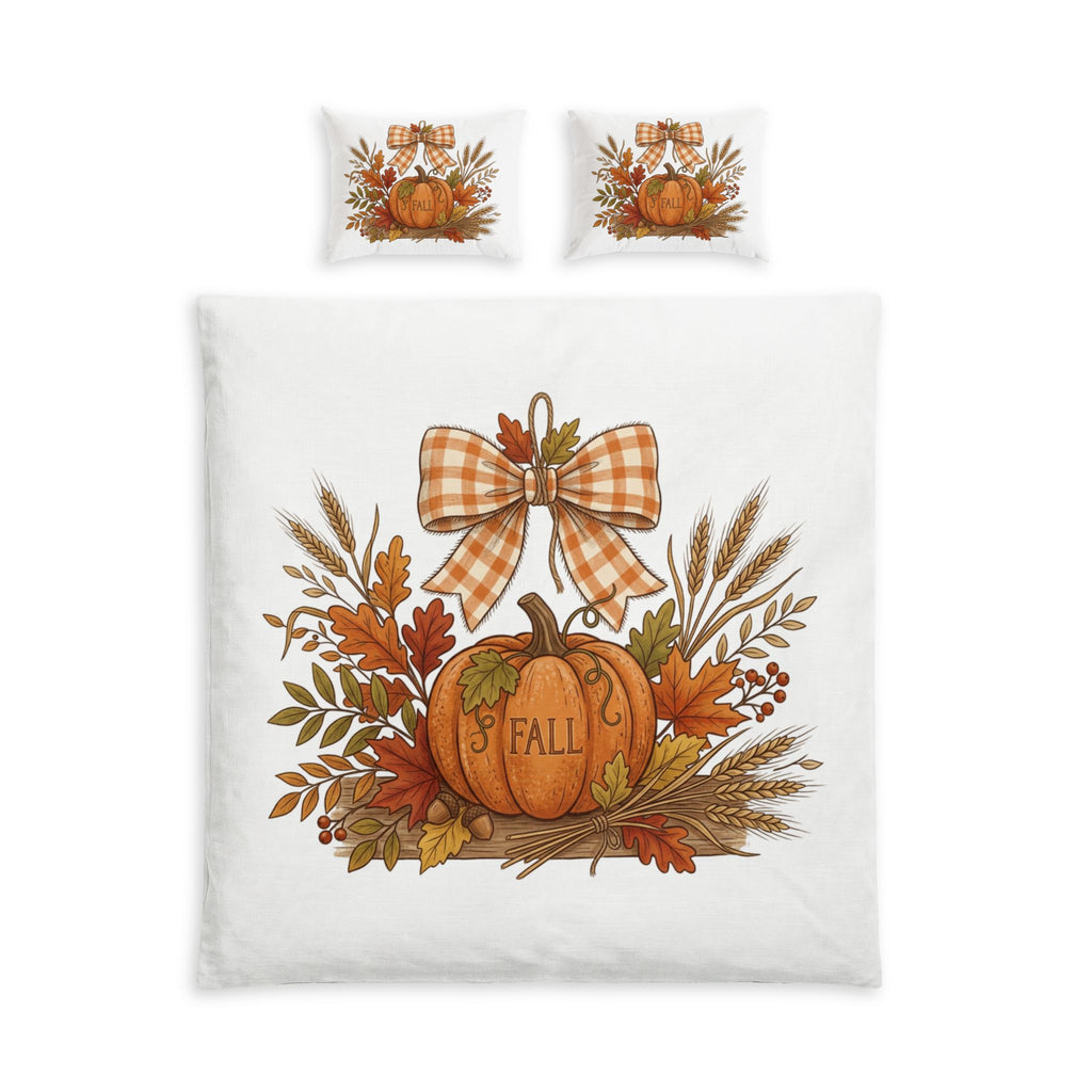 Fall Pumpkin Cotton Bed Set — Autumn Plaid Bow Duvet Cover & Pillowcases
