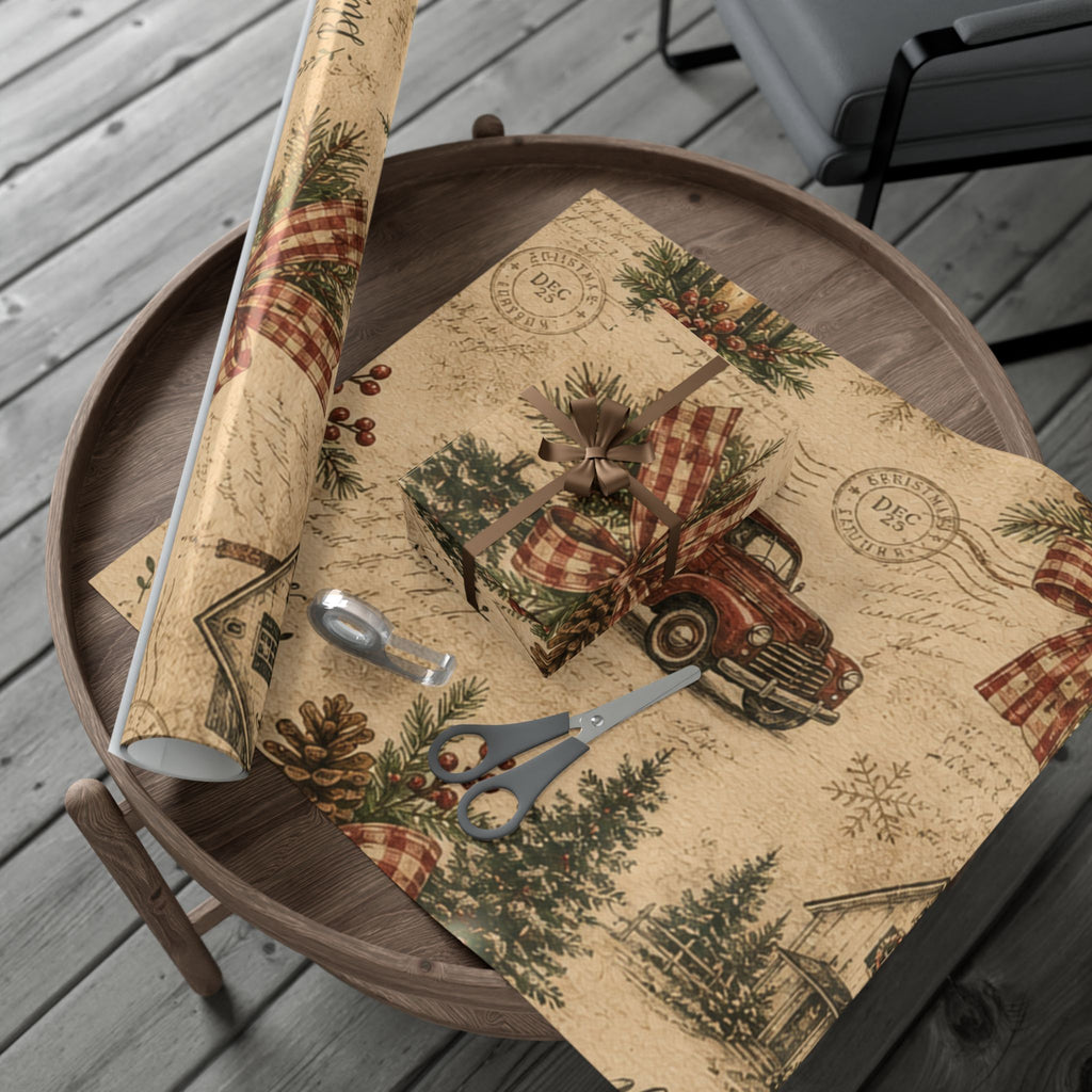Rustic Vintage Christmas Gift Wrap Paper – Retro Truck & Tree Kraft Wrapping Roll