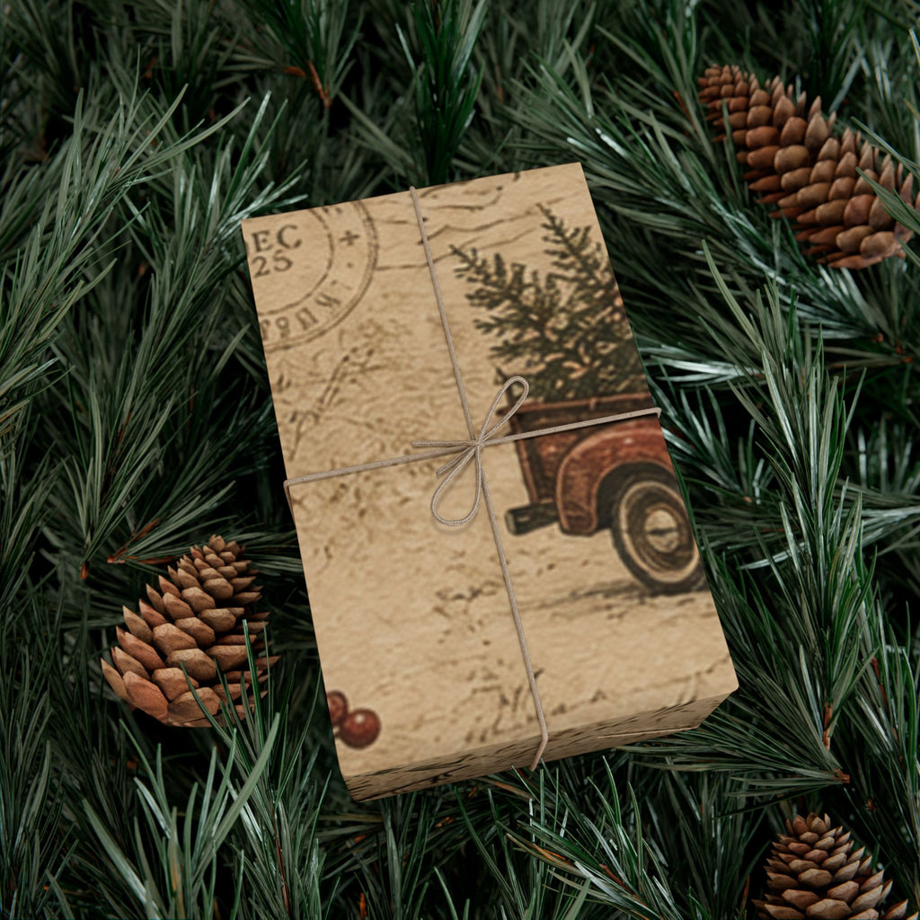 Rustic Vintage Christmas Gift Wrap Paper – Retro Truck & Tree Kraft Wrapping Roll