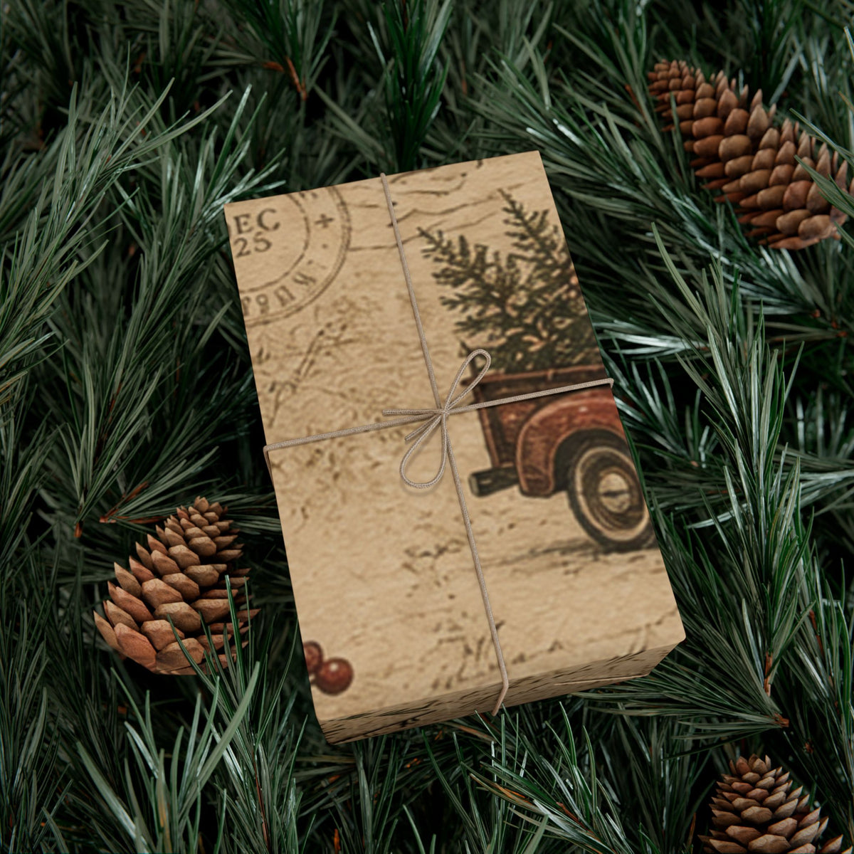 Rustic Vintage Christmas Gift Wrap Paper – Retro Truck & Tree Kraft Wrapping Roll