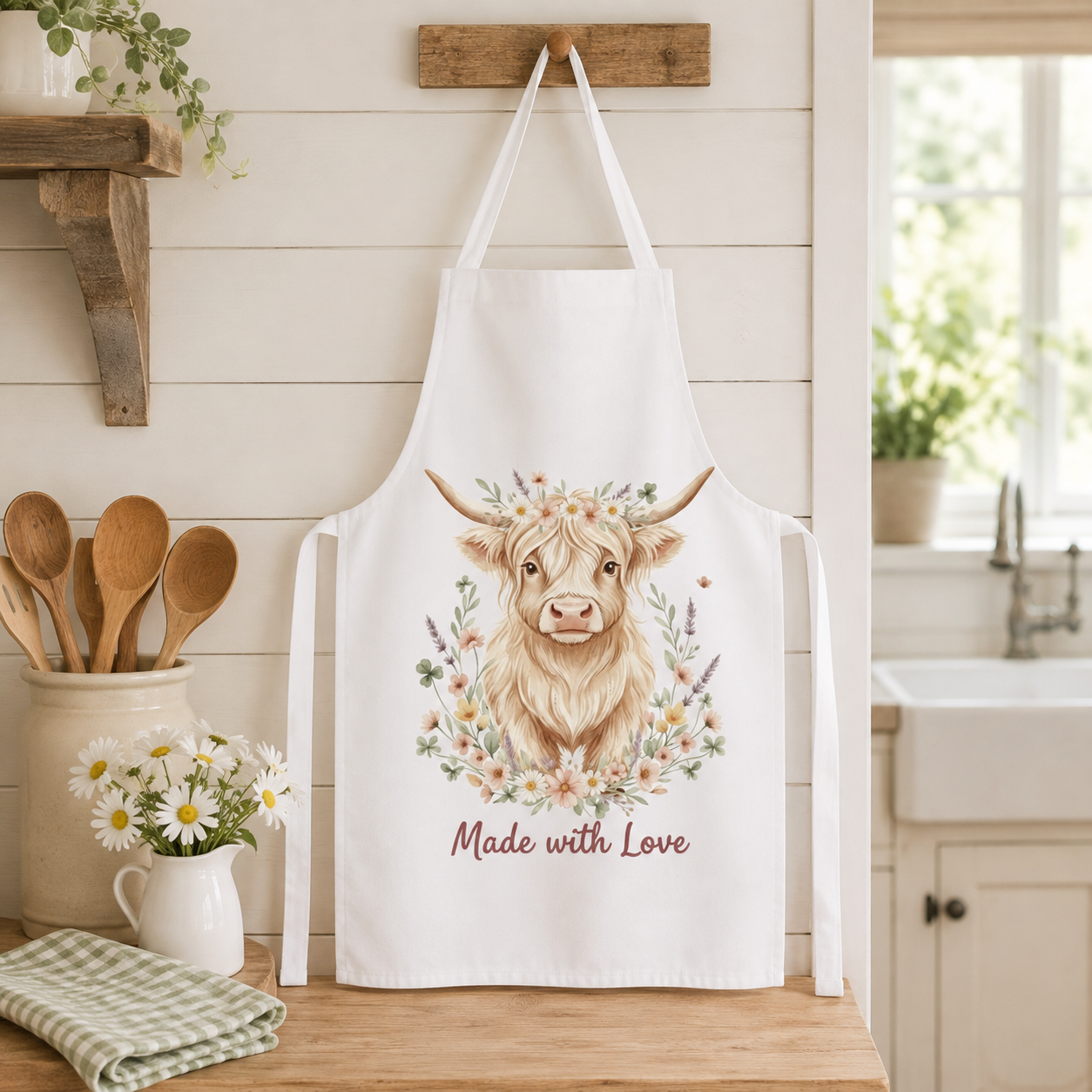 Apron - 'Made with Love' Highland Cow Floral Kitchen Apron