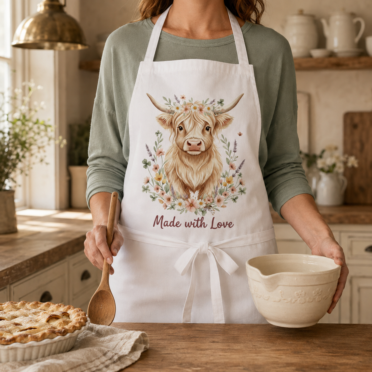 Apron - 'Made with Love' Highland Cow Floral Kitchen Apron