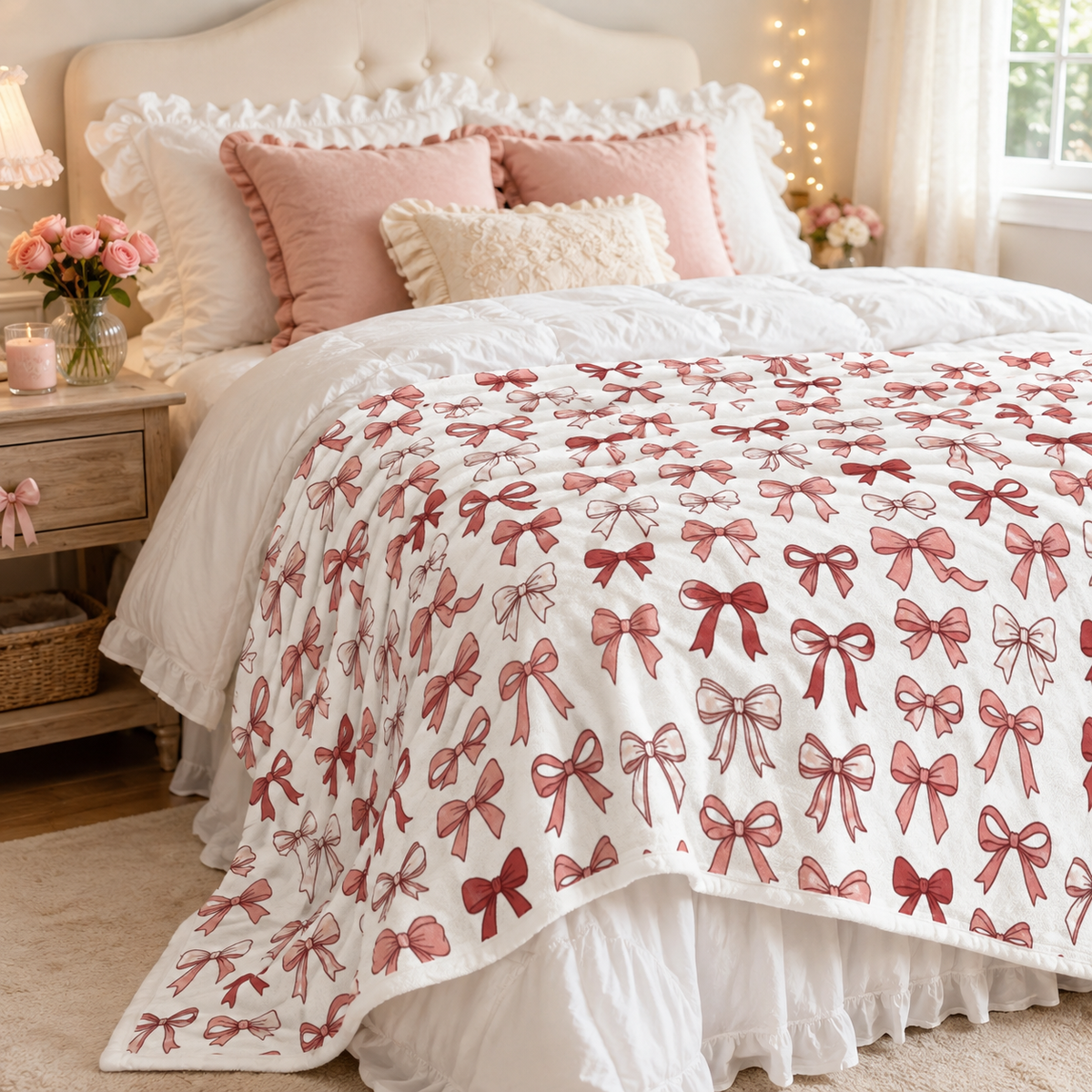 Plush Throw Blanket — Pink & Red Bow Pattern Velveteen Cozy Blanket