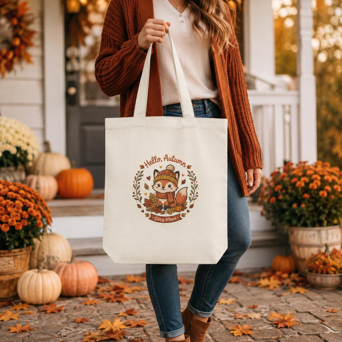 Hello Autumn Fox Tote Bag — Cute Fall Cotton Tote for Pumpkin Picking & Cozy Vibes