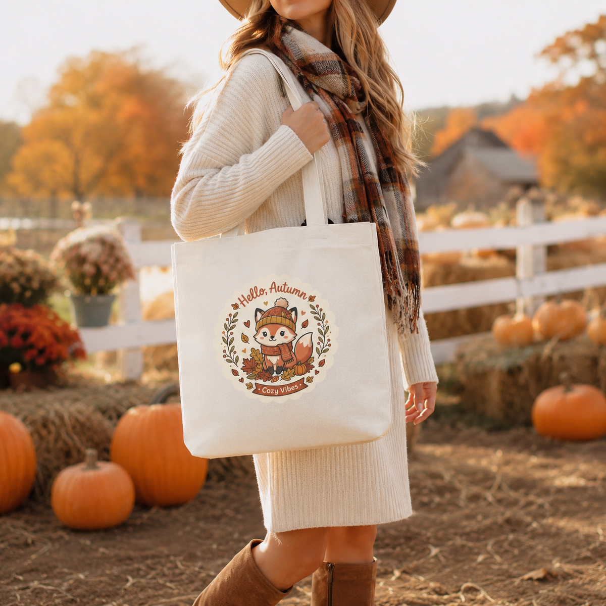 Hello Autumn Fox Tote Bag — Cute Fall Cotton Tote for Pumpkin Picking & Cozy Vibes