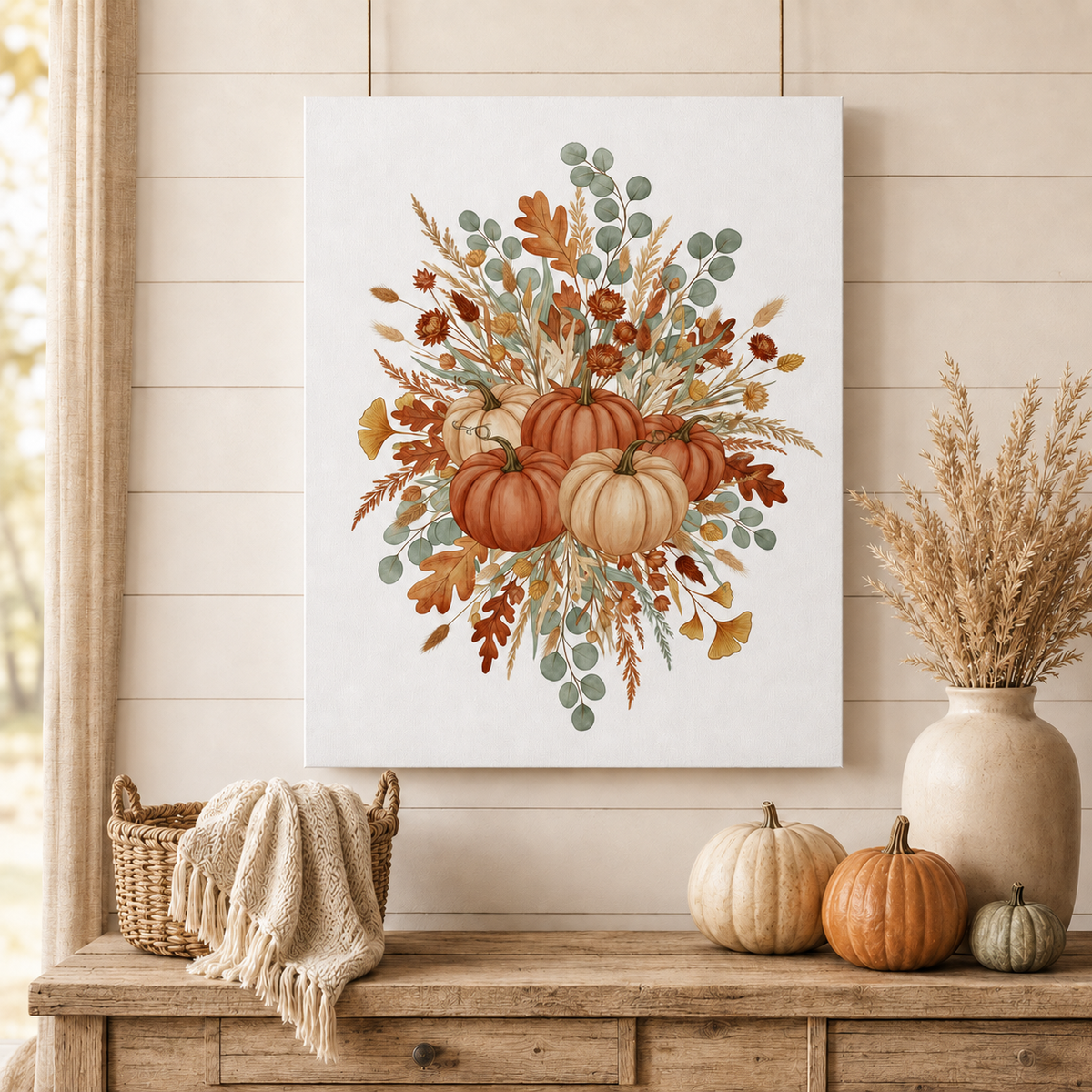 Fall Botanical Canvas Print | Cottagecore Pumpkin Wall Art | Farmhouse Home Decor | Autumn Canvas