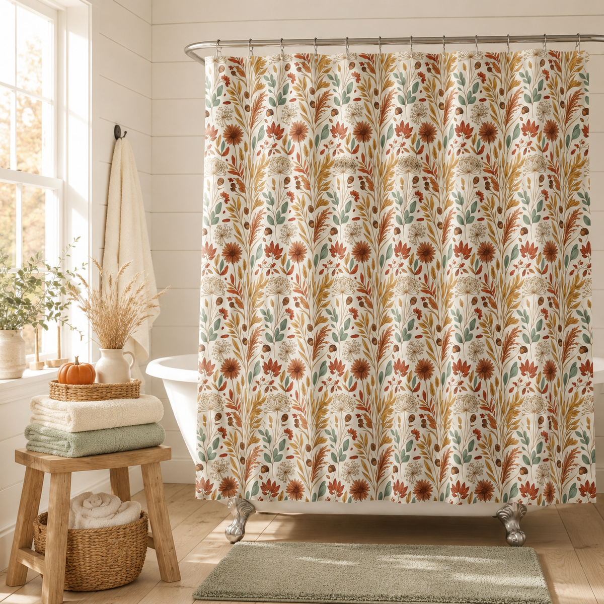 Fall Botanical Shower Curtain | Cottagecore Bathroom Decor | Autumn Floral Bath Curtain | Farmhouse