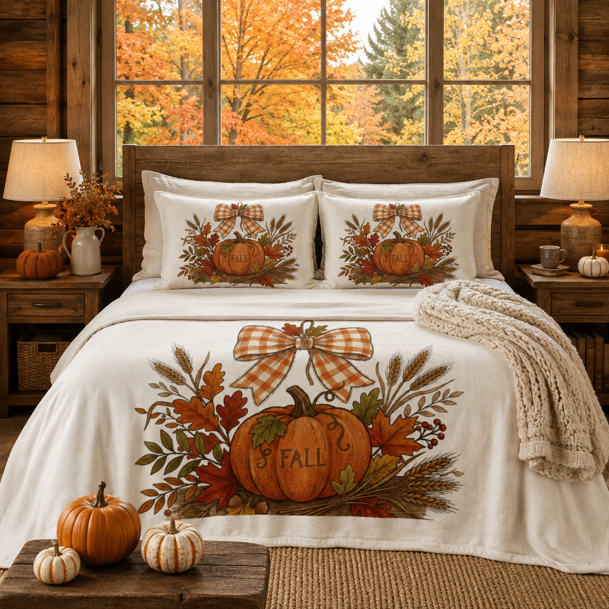 Fall Pumpkin Cotton Bed Set — Autumn Plaid Bow Duvet Cover & Pillowcases