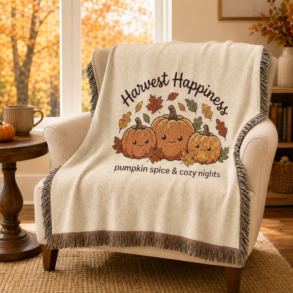 Harvest Happiness Woven Blanket — Pumpkin Spice Cozy Fall Throw