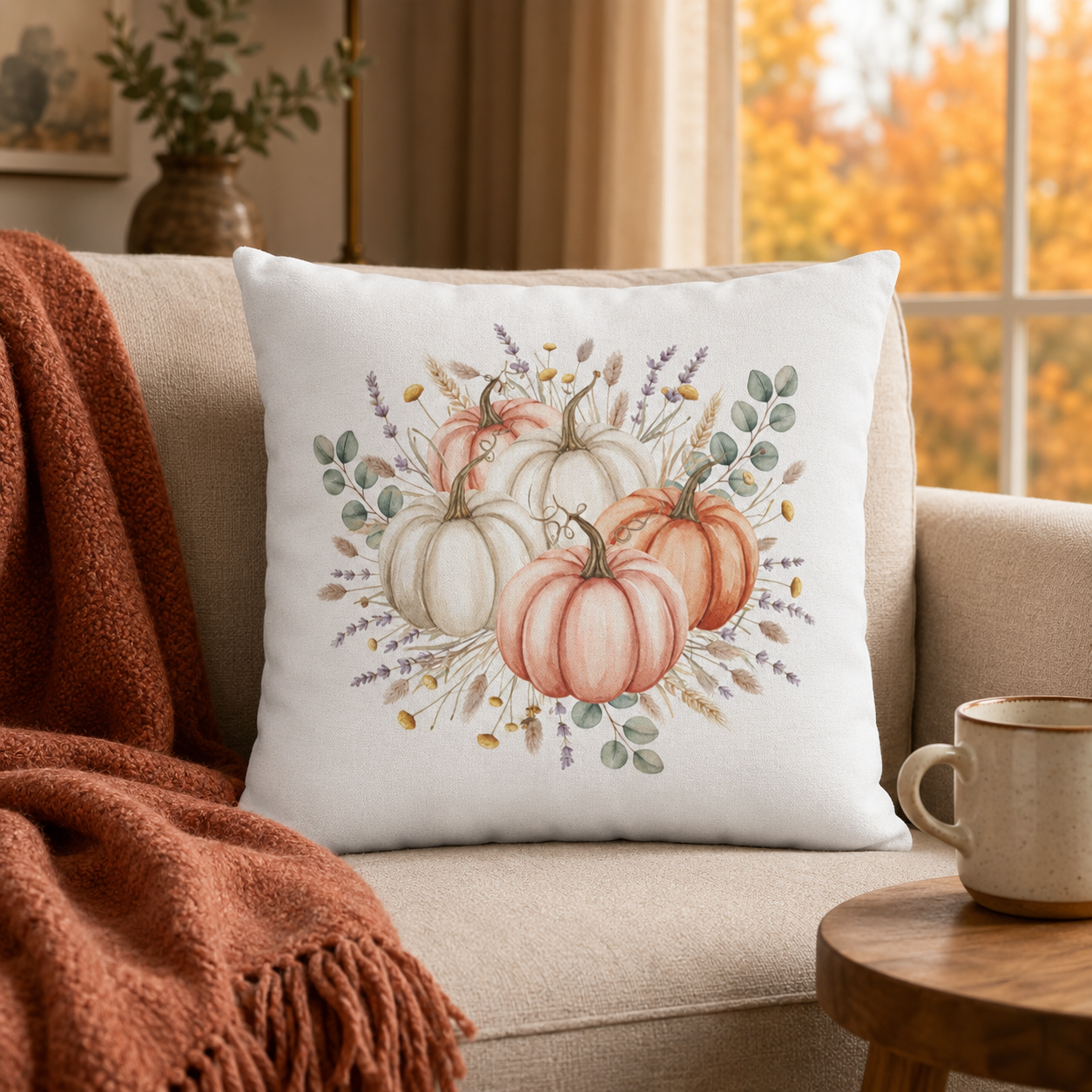 Autumn Watercolor Pumpkin Pillow - Cozy Fall Decorative Square Pillowcase