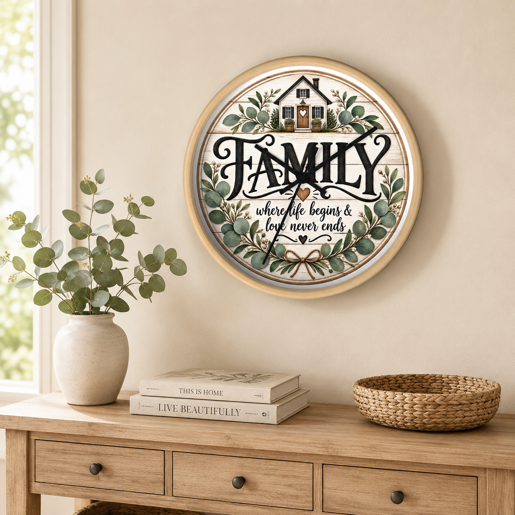 Family Wall Clock — ‘Family: where life begins & love never ends’ Rustic Home Decor