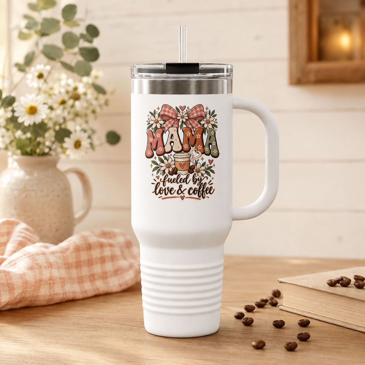 Mama Floral 40oz Insulated Travel Mug — "Fueled by Love & Coffee"